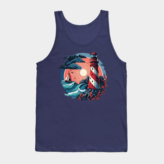 Guiding Seafarers: Nautical Light Tower Art Print in Red, White, and Blue Tank Top by Hakubiya